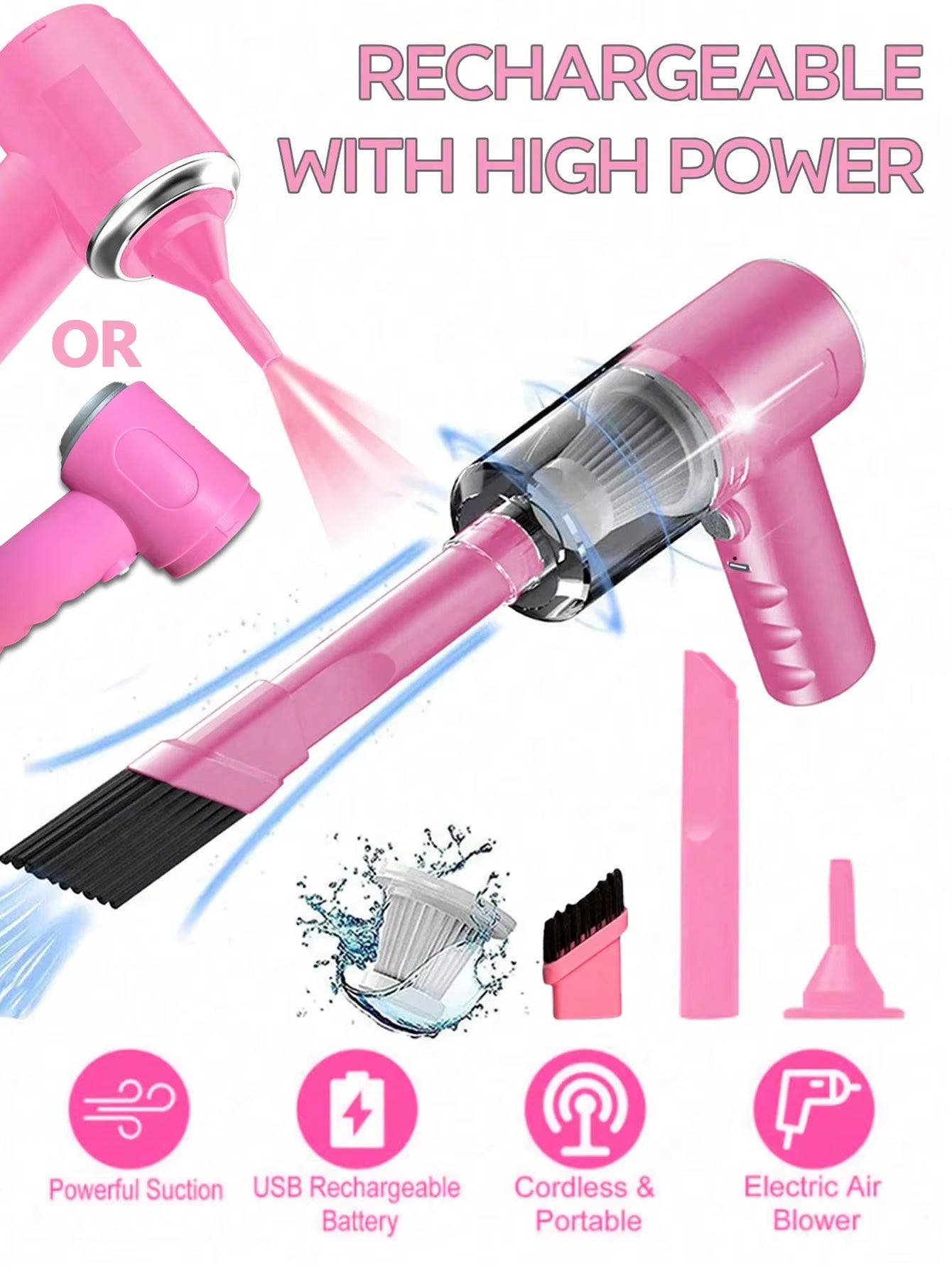 🧹 Mini Aspiradora Portátil 3 en 1 con Carga USB – Alta Potencia de Succión + Boquillas de Soplado Incluidas | Color Negro
